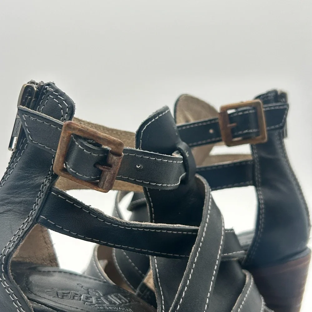 Freebird by Steven Claw Black Leather Strappy Gladiator Heeled Sandals Womens 9